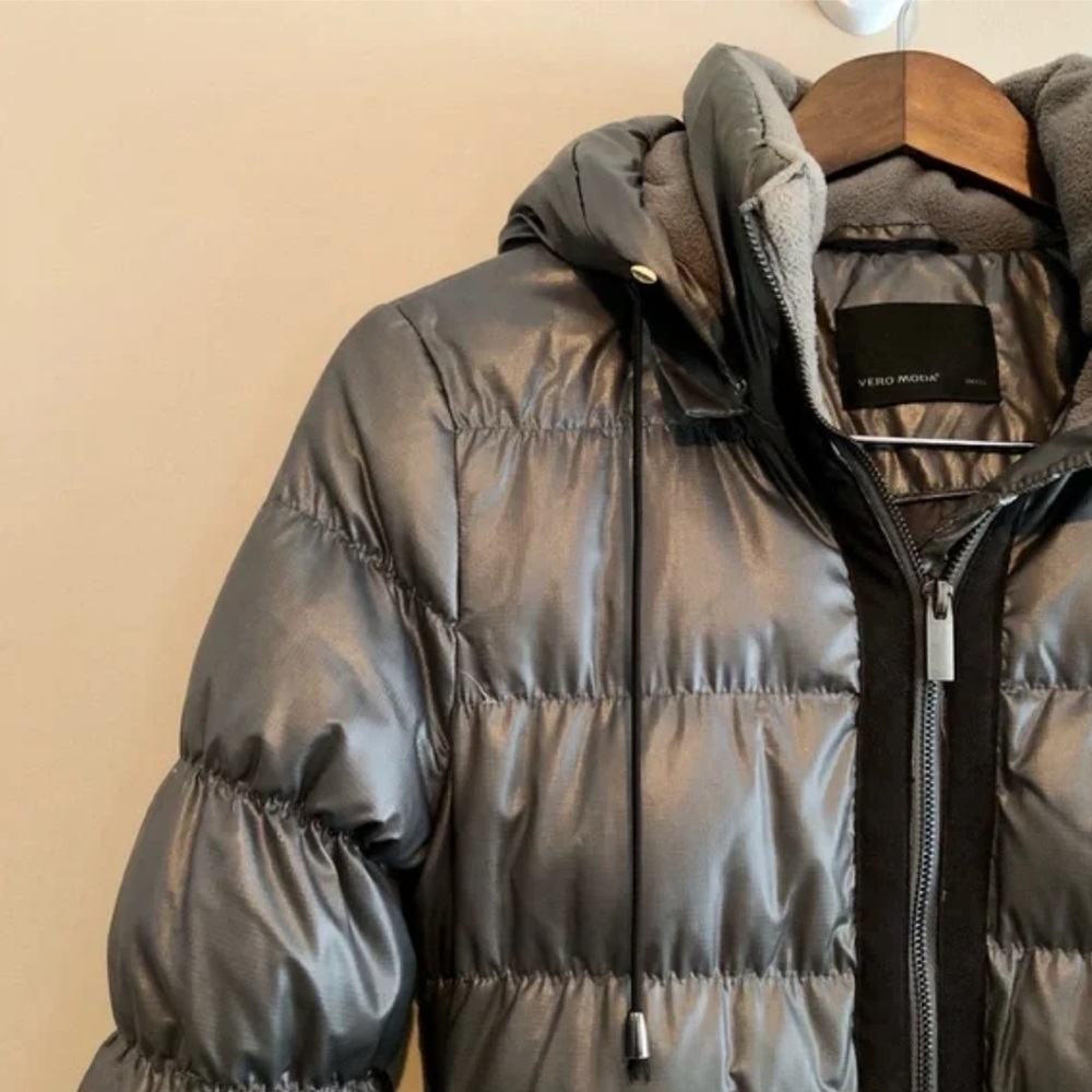Vero Moda Iman 3/4 Puffer Thick Comfy Belted Hooded Winter Jacket Coat Grey - Picture 3 of 15